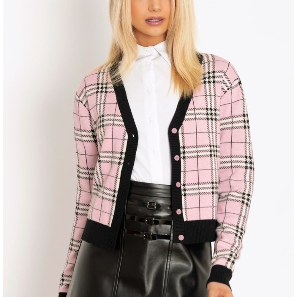 Tartan baby pink cropped cardigan
